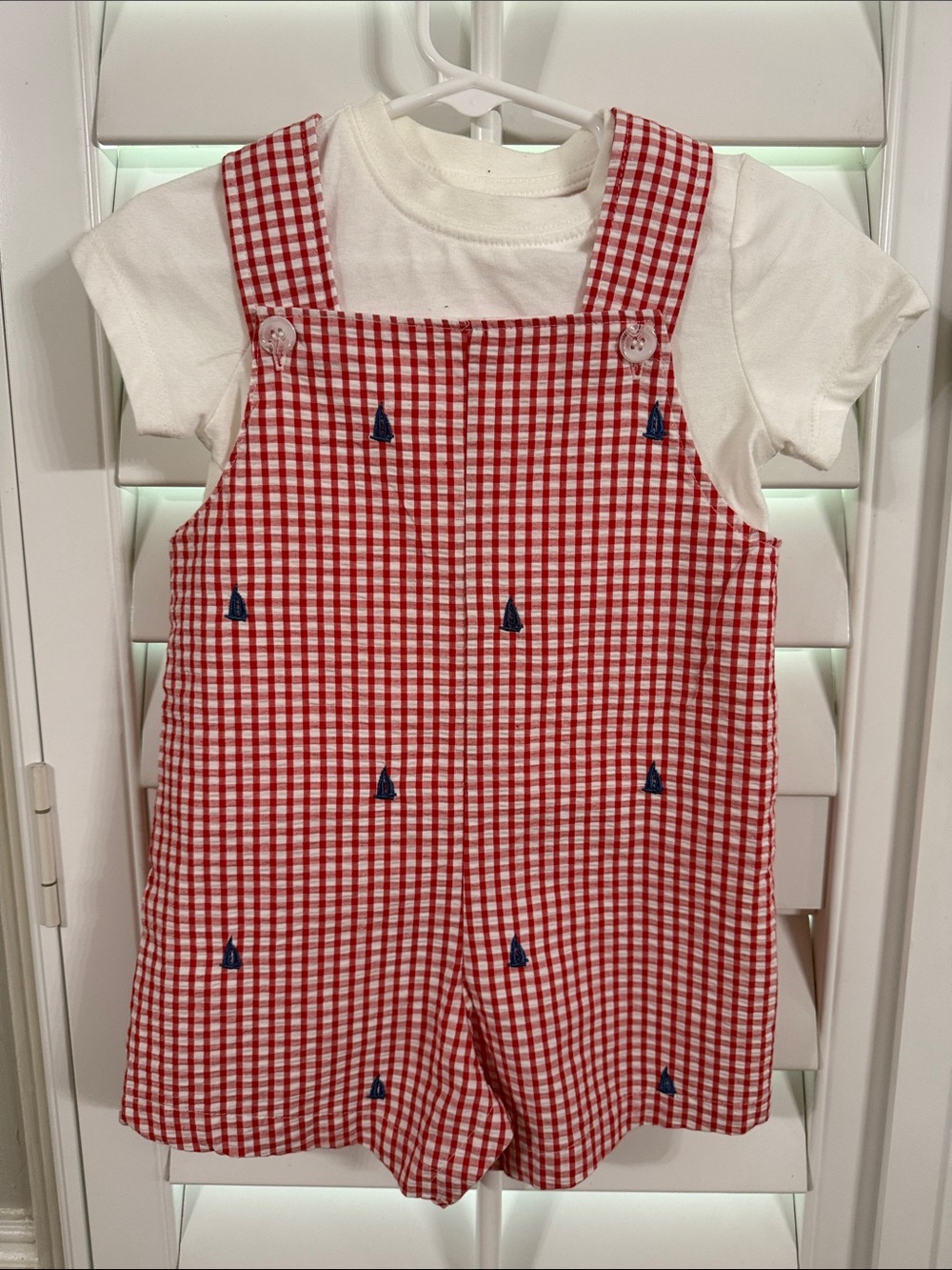 Red Gingham Kids Overalls Romper with White Tee